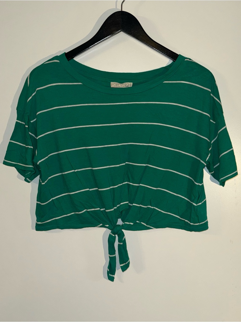 Forever 21 Green and White Striped Tie-Front Crop Top